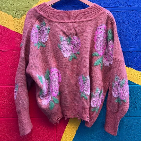 Anthropologie Rose Drop-Shoulder V-Neck Sweater, SIZE L - Picture 4 of 8